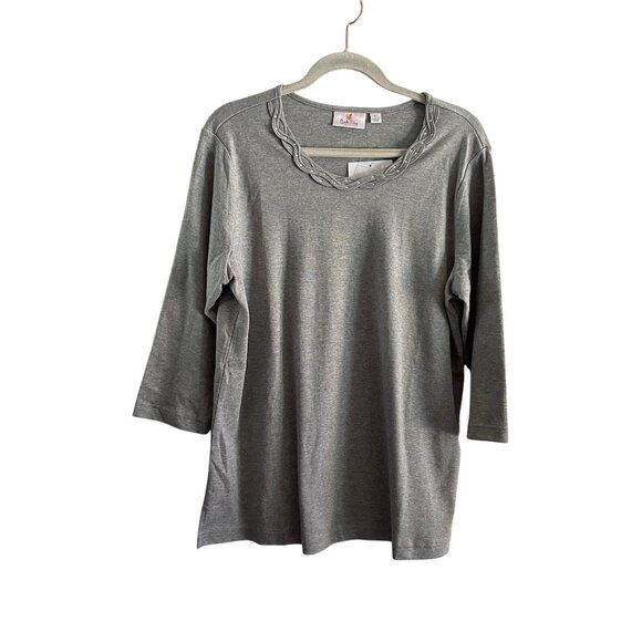 Quacker Factory Women L Gray Rhinestone Braided Sparkle 3/4 Sleeves T-Shirt NWT - Picture 1 of 10
